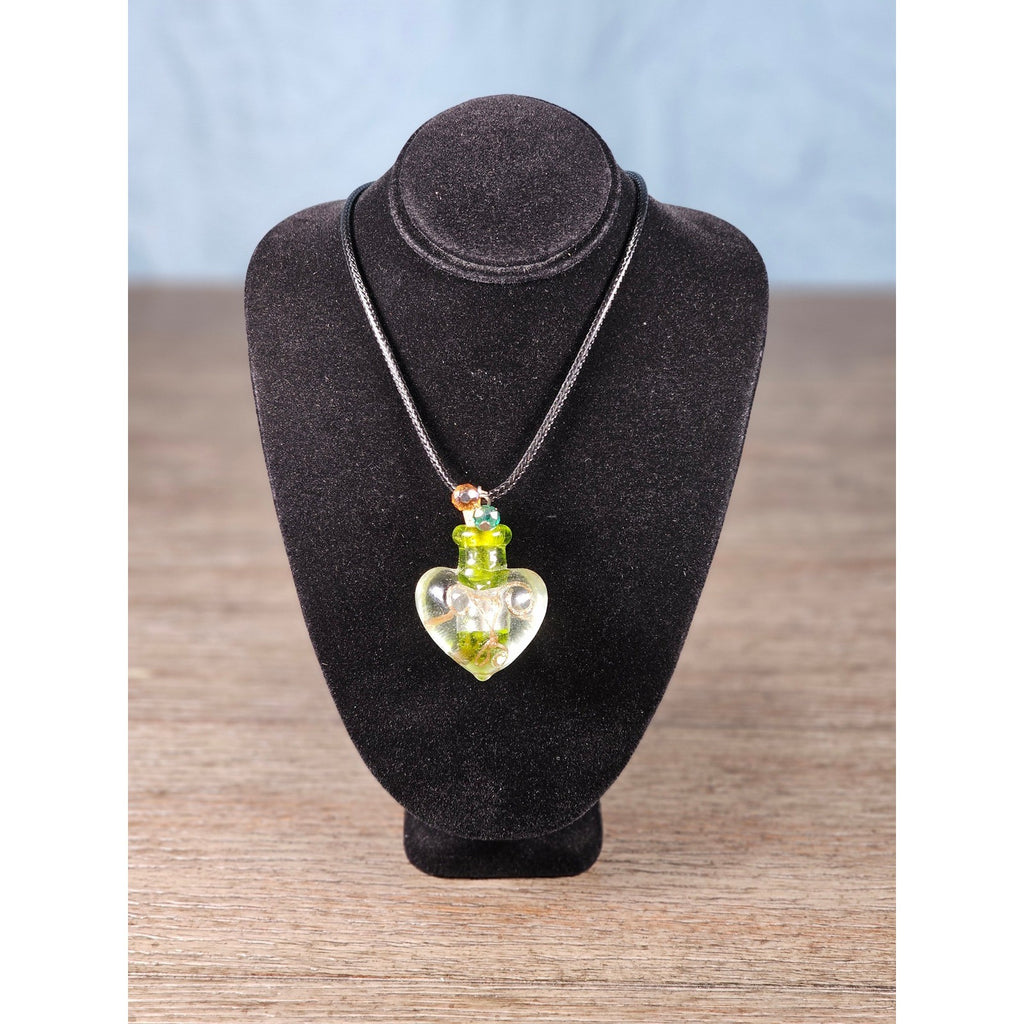 Green Glass Heart Bottle Necklace with Cork Stopper on Black Cord