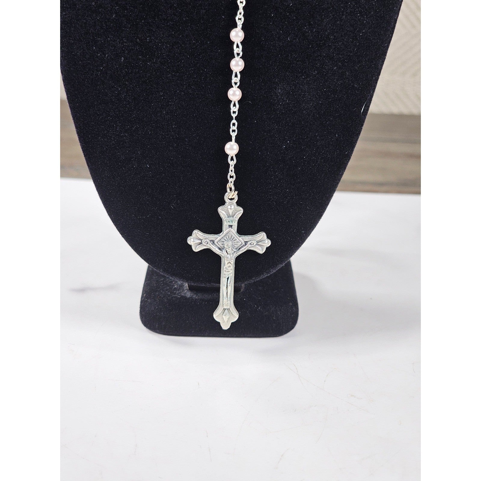 Vintage Rosary Necklace & Heart Pin Set with Case Religious