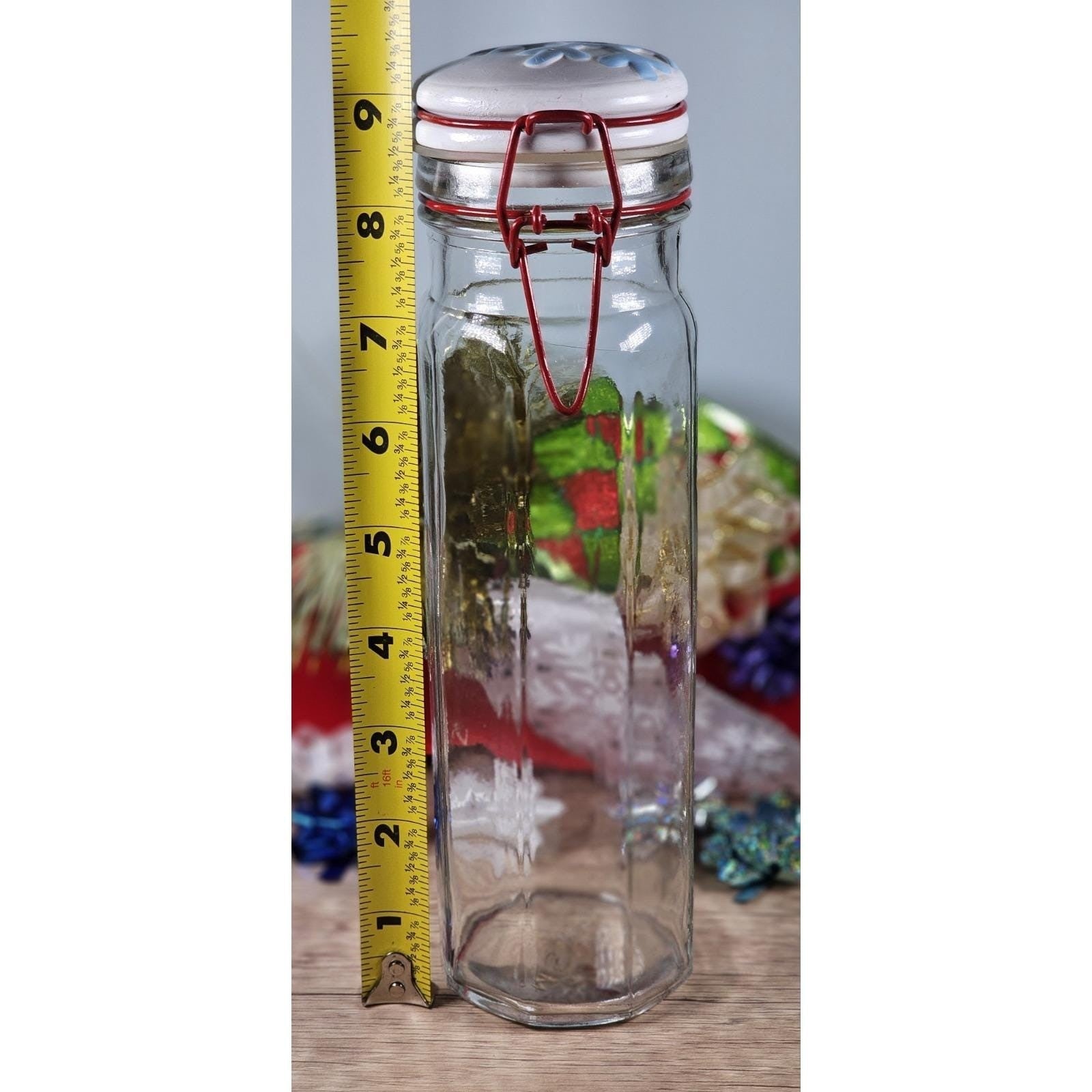 Vintage Glass Storage Jar Red Clamp Lid Snowflake Top 9 Inch
