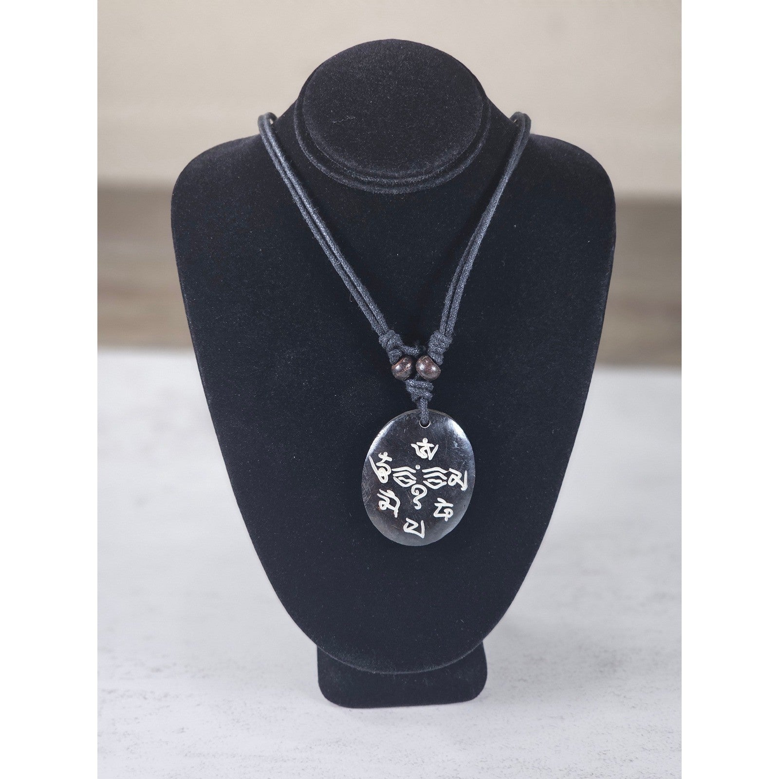 Vintage Script Pendant Necklace Black Cord Spiritual Symbol Medallion