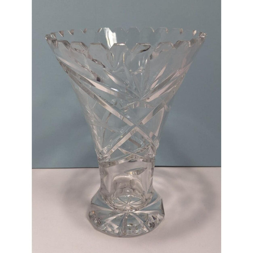 Vintage Cut Crystal Trumpet Vase Starburst Pedestal Vase 7.5 Inch