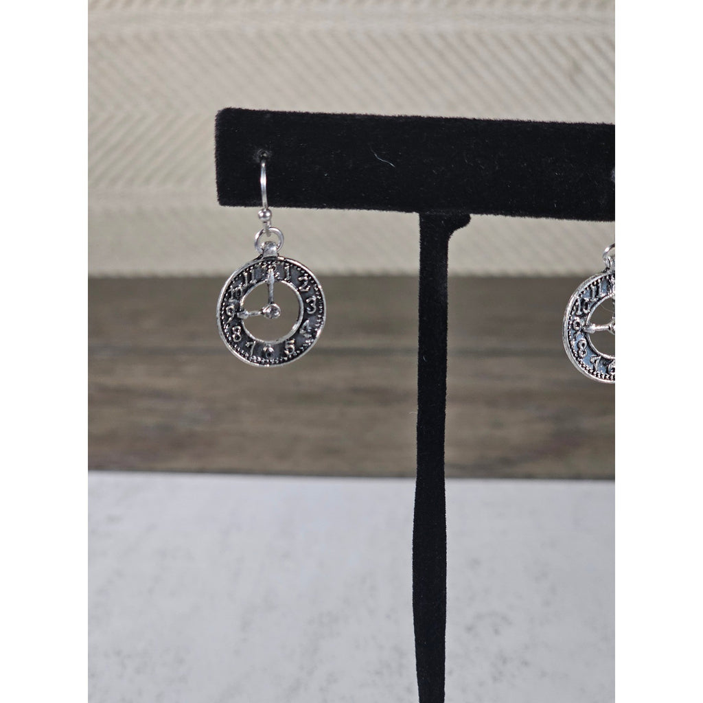 Vintage Clock Face Drop Earrings Silver Tone Dangle Jewelry