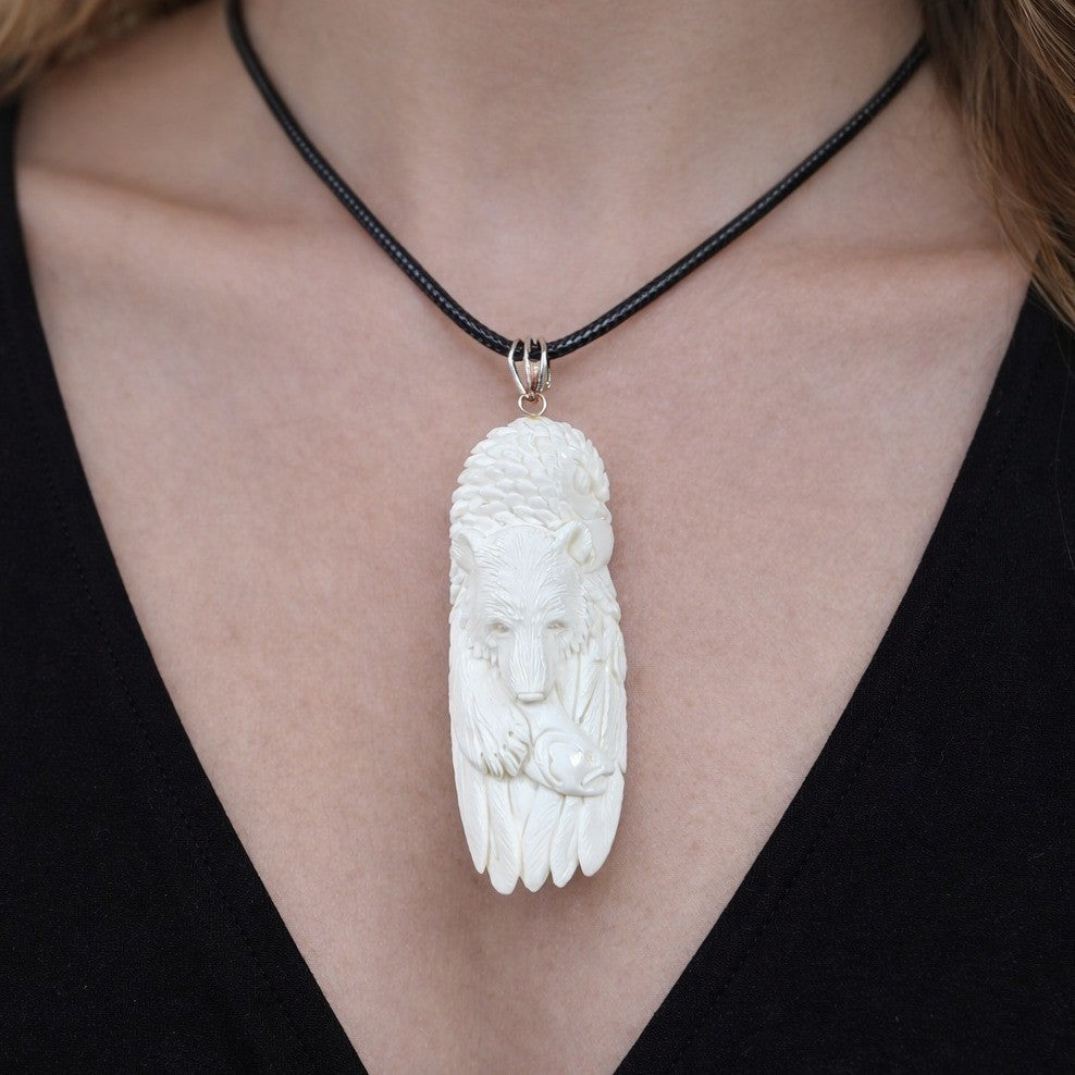 Vintage Carved Buffalo Bone Bear Pendant Necklace 3" Hand Carved Animal Totem