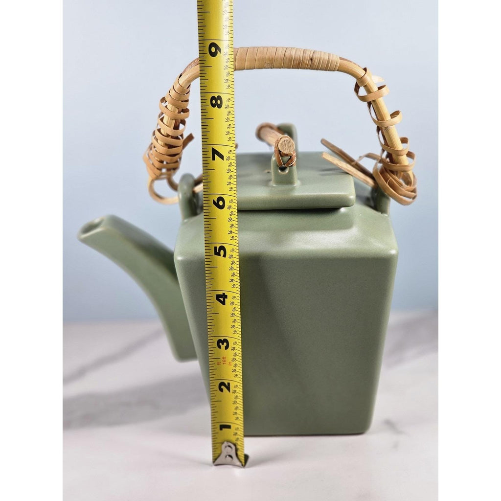 Joyce Chen Ceramic Flared 28oz Teapot & 4 Square Teacups Set Bamboo Handle