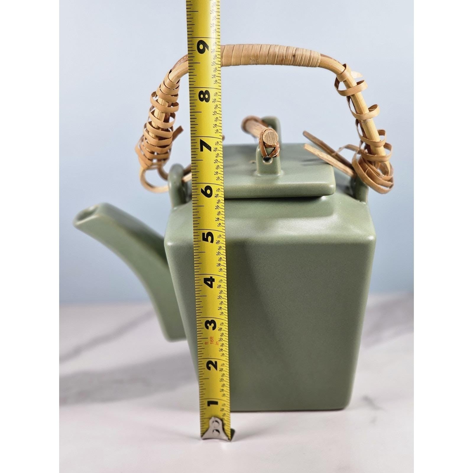 Joyce Chen Ceramic Flared 28oz Teapot & 4 Square Teacups Set Bamboo Handle