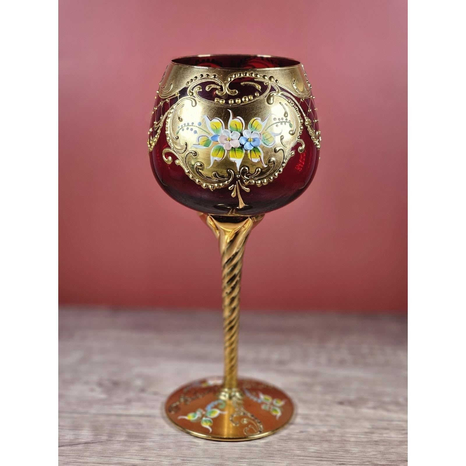 Vintage Gold Enameled Wine Glass Twisted Stem 8.75" Hand Painted