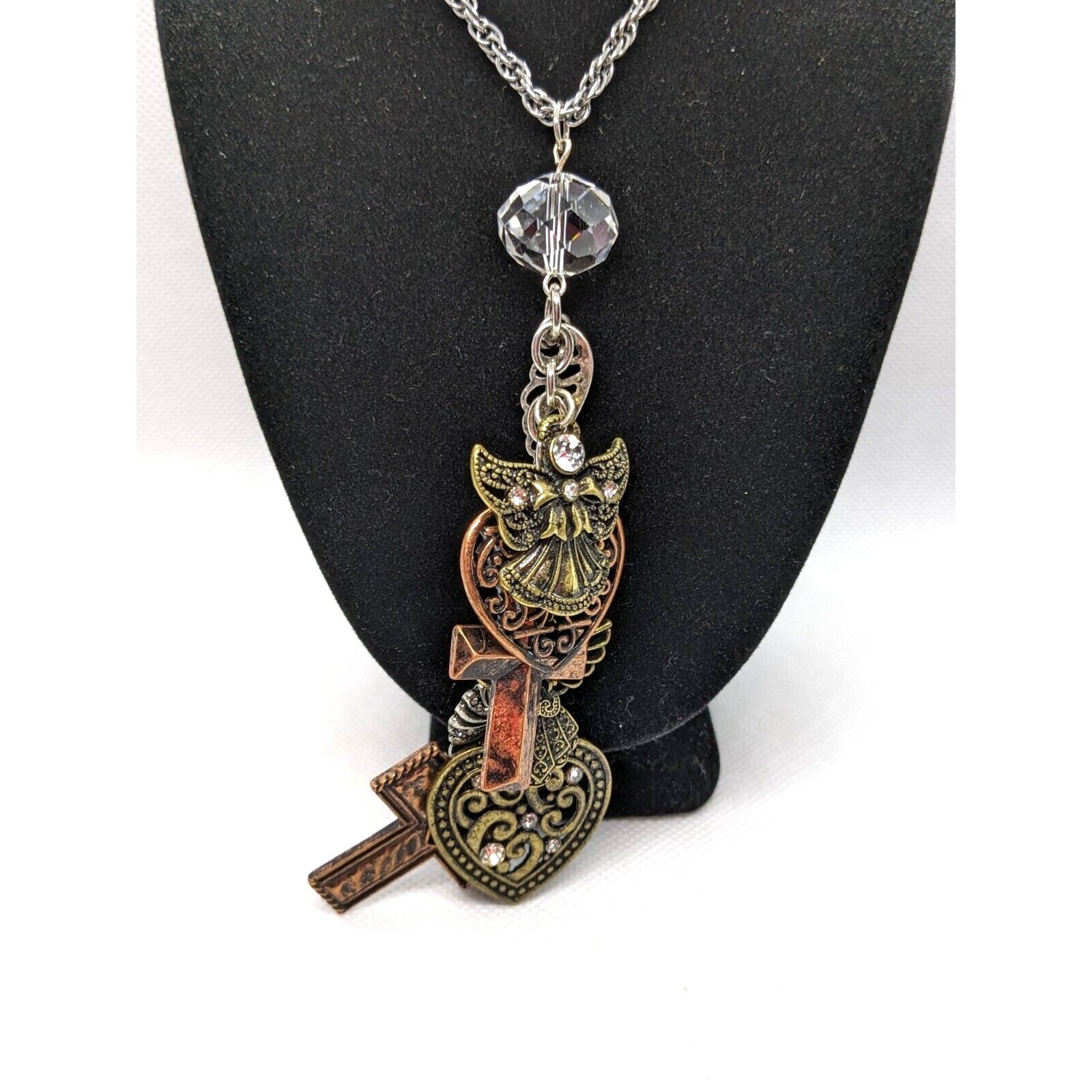 Mixed Burnished Metal Charm Necklace 26 Inch Angels Hearts Cross