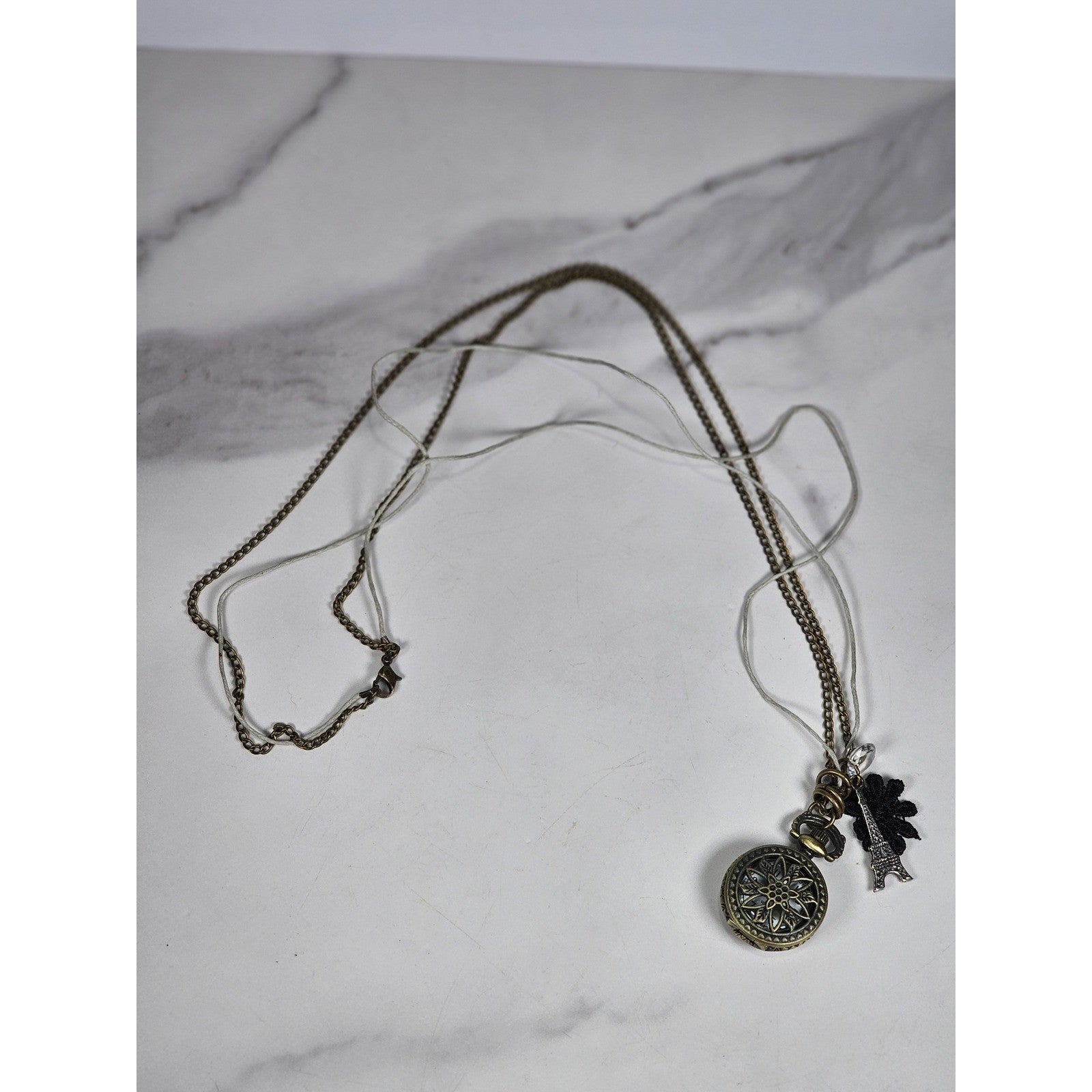 Vintage Pocket Watch Necklace Eiffel Tower Charm Unisex Statement Jewelry