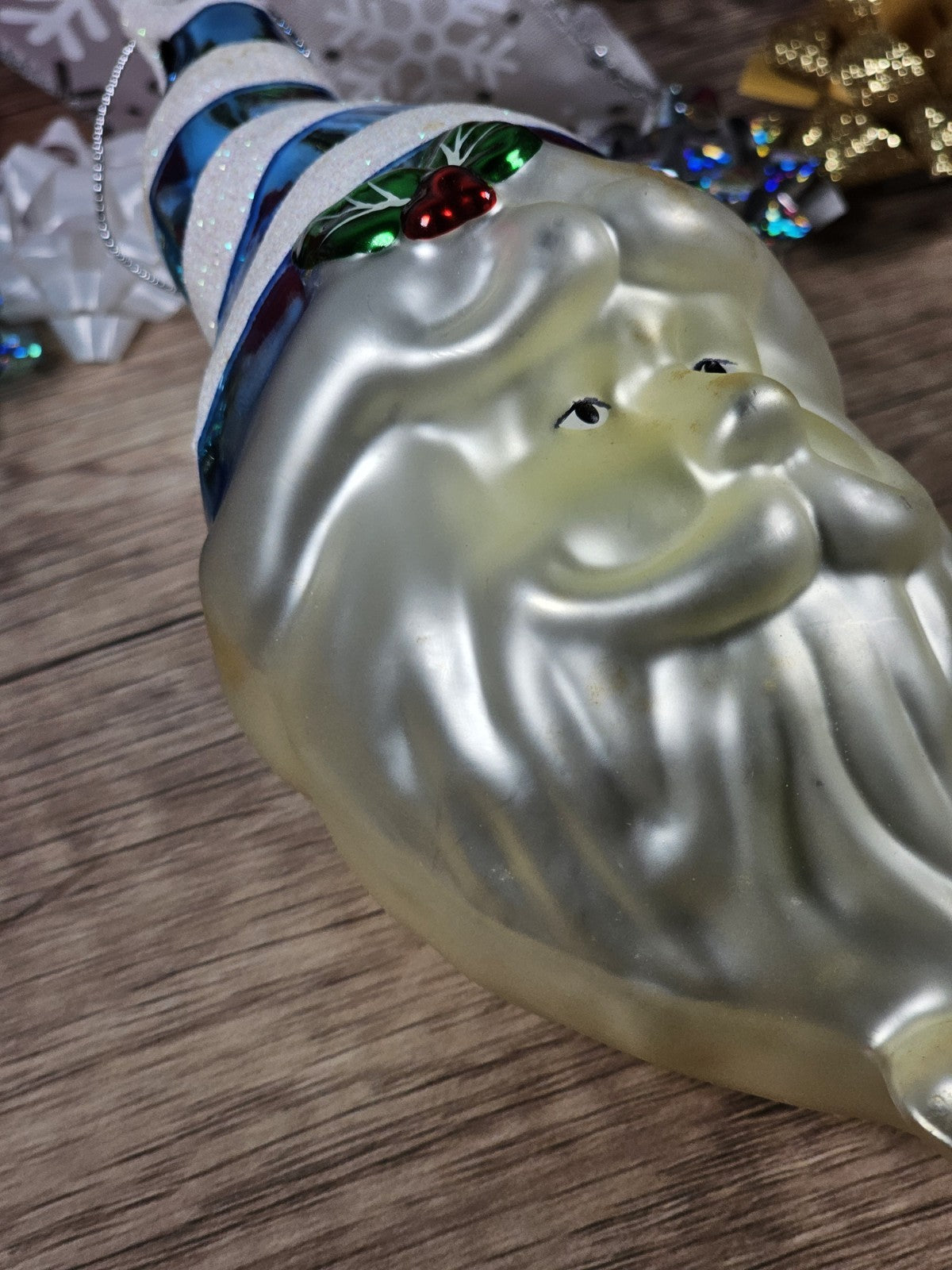 Vintage Handblown Glass Santa Ornament 7" Tall With Blue Striped Hat & Holly