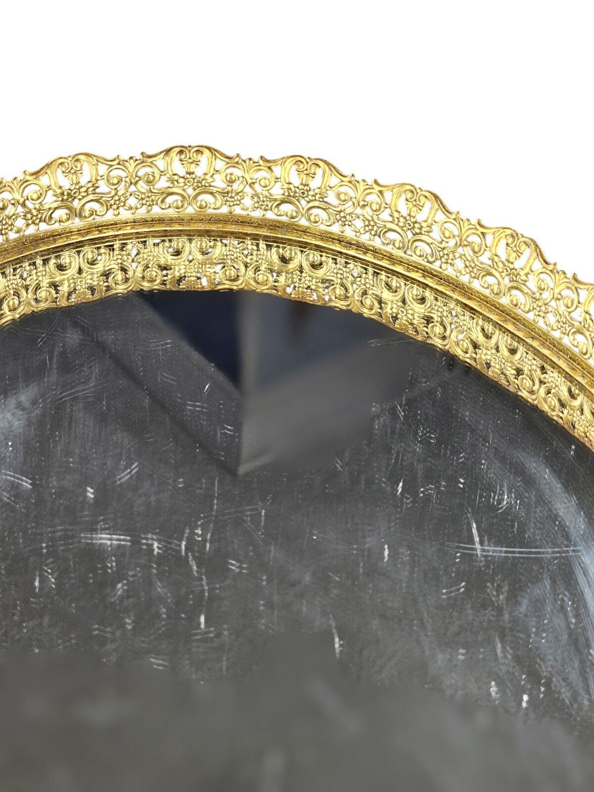 Vintage Oval Mirror Vanity Tray With Ornate Gold Filigree Design