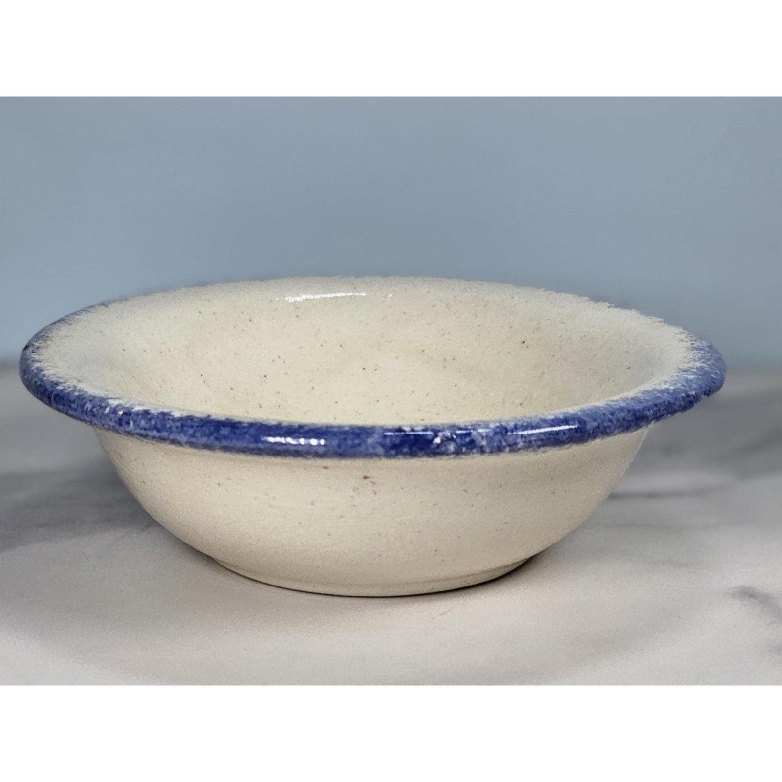 Vintage Hand-Turned Spongeware Bowl Blue Rim 4.5 Inch Rustic Pottery