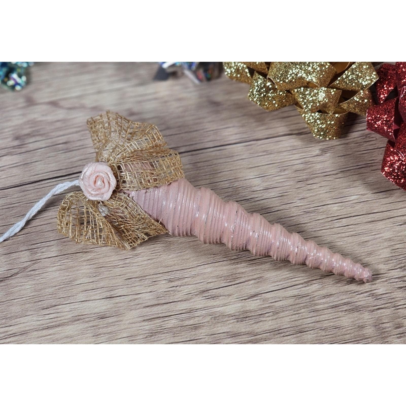 Vintage Pink Shell Christmas Ornament Gold Bow Rose 4 Inch