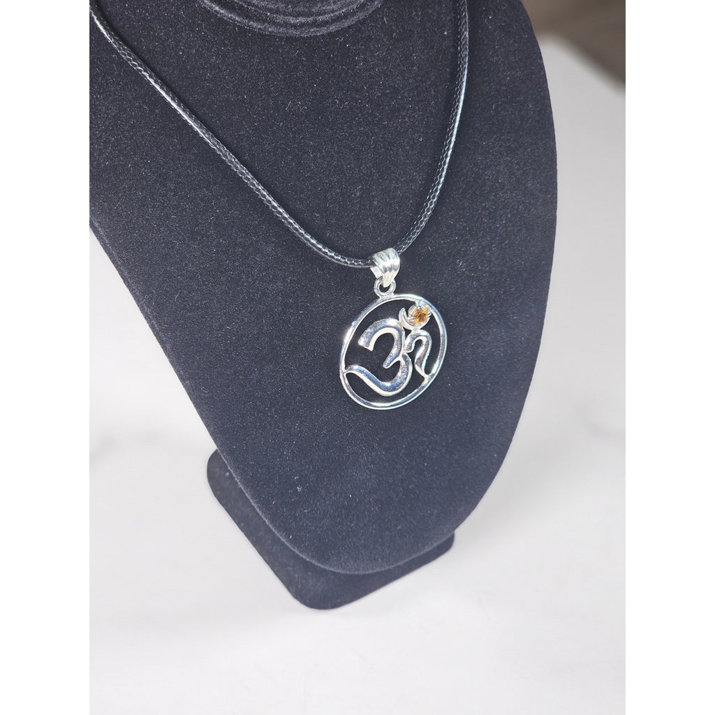 Vintage Sterling Silver Om Pendant Necklace with Amber Stone