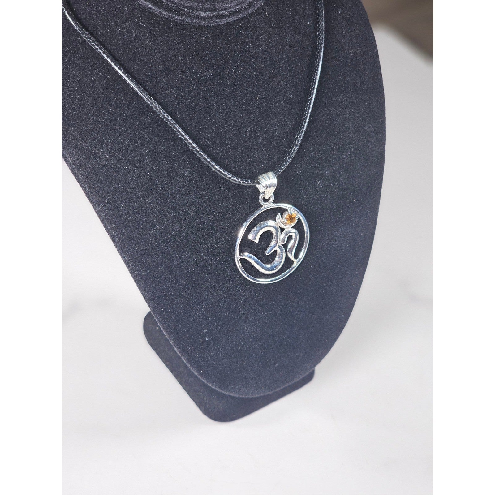 Vintage Sterling Silver Om Pendant Necklace with Amber Stone