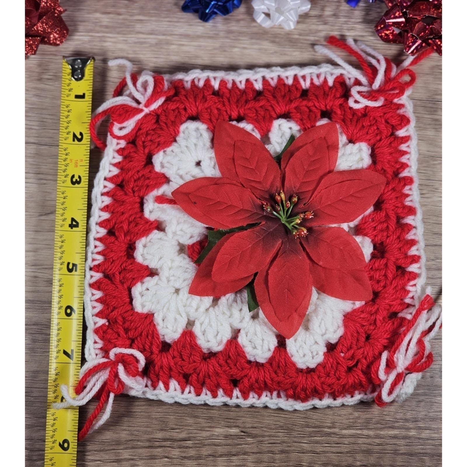 Vintage Crochet Poinsettia Ornaments Set 3 Christmas Decor