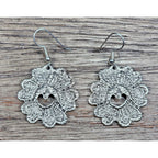 Textured Silver-Tone Floral Heart Dangle Earrings Vintage Style