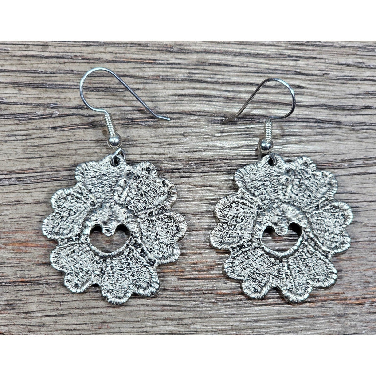 Textured Silver-Tone Floral Heart Dangle Earrings Vintage Style
