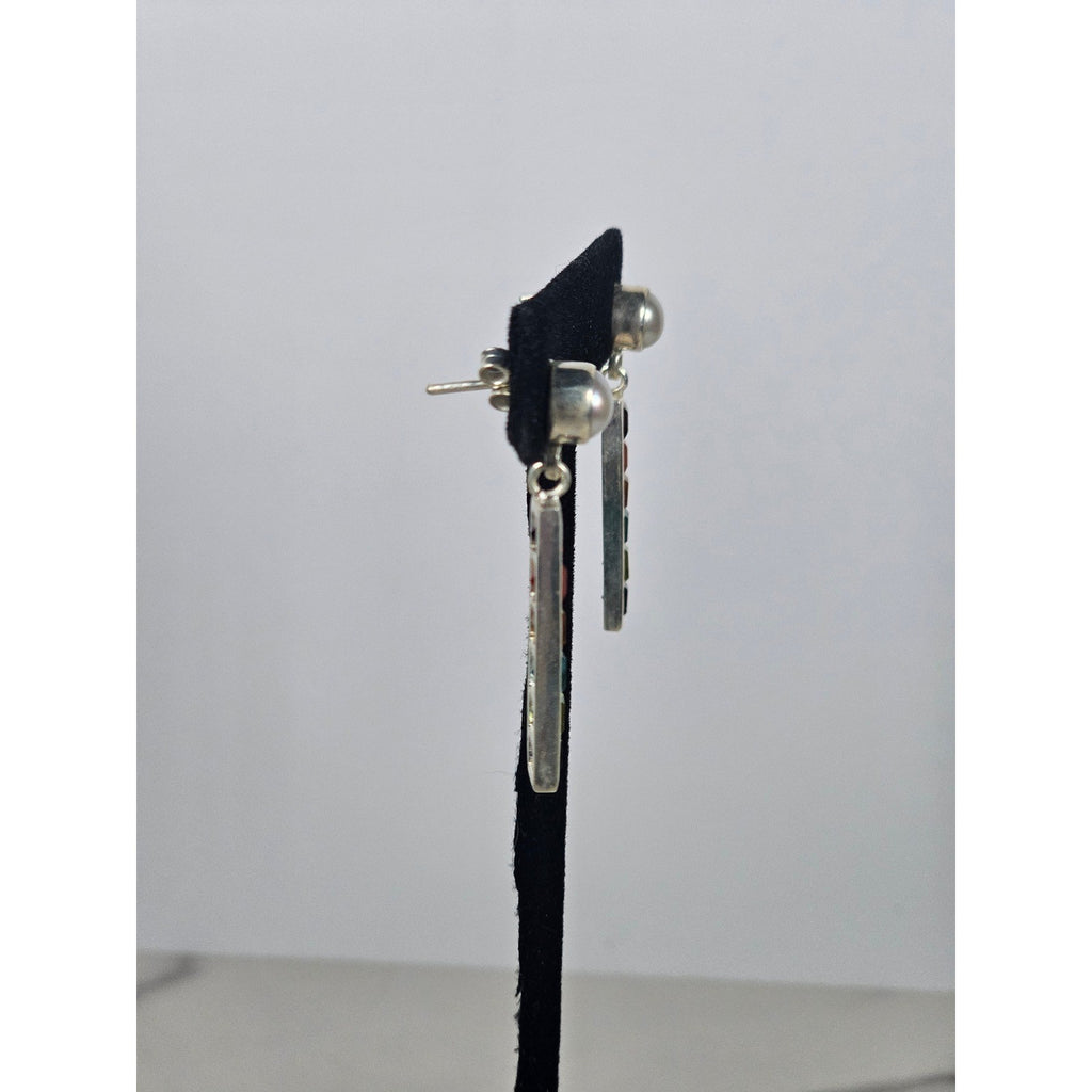 Vintage Rainbow Bar Drop Earrings with Pearl-Style Studs