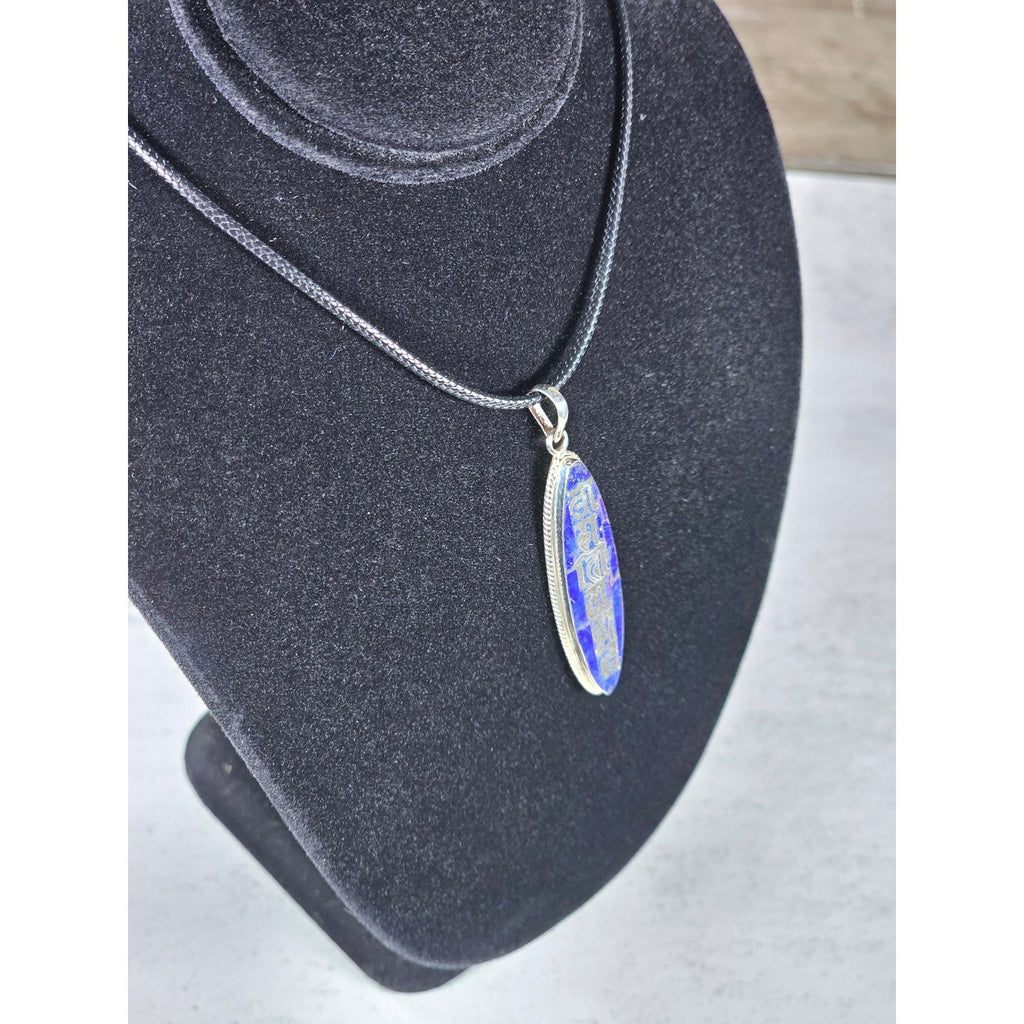 Vintage Sterling Silver Blue Enamel Script Pendant Necklace