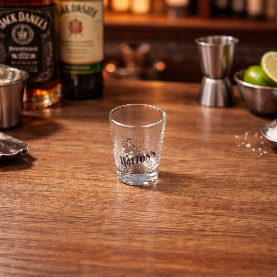 Walton's Distillery Shot Glass Souvenir Clear Glass Barware 2.5"