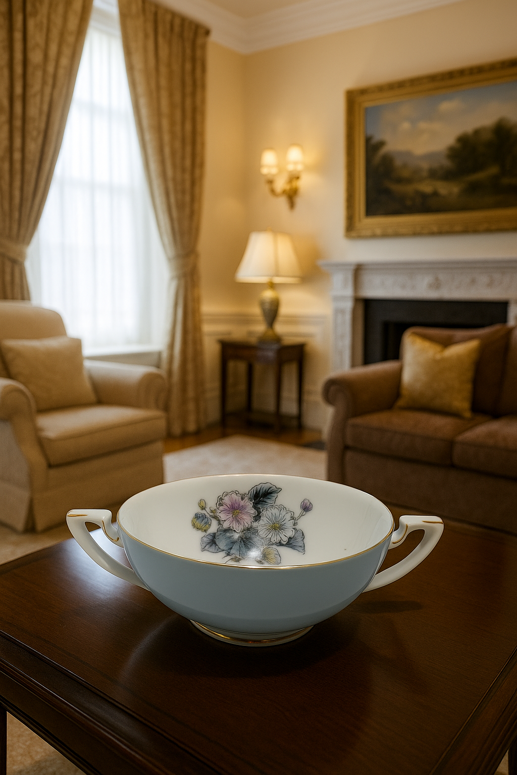 Vintage Royal Worcester Woodland Blue Gilded Bone China Soup Cup Floral Design