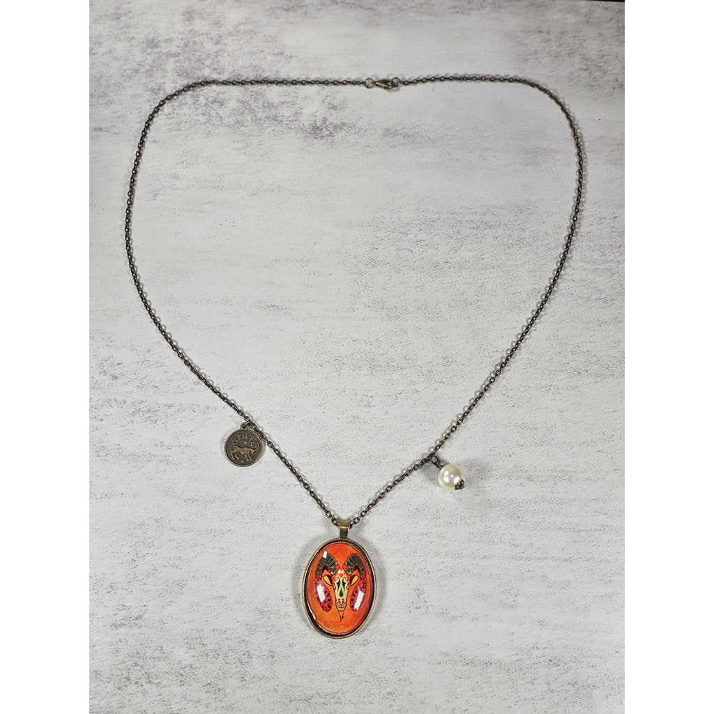 Vintage Aries Ram Pendant Necklace Zodiac Medallion Oval Charm