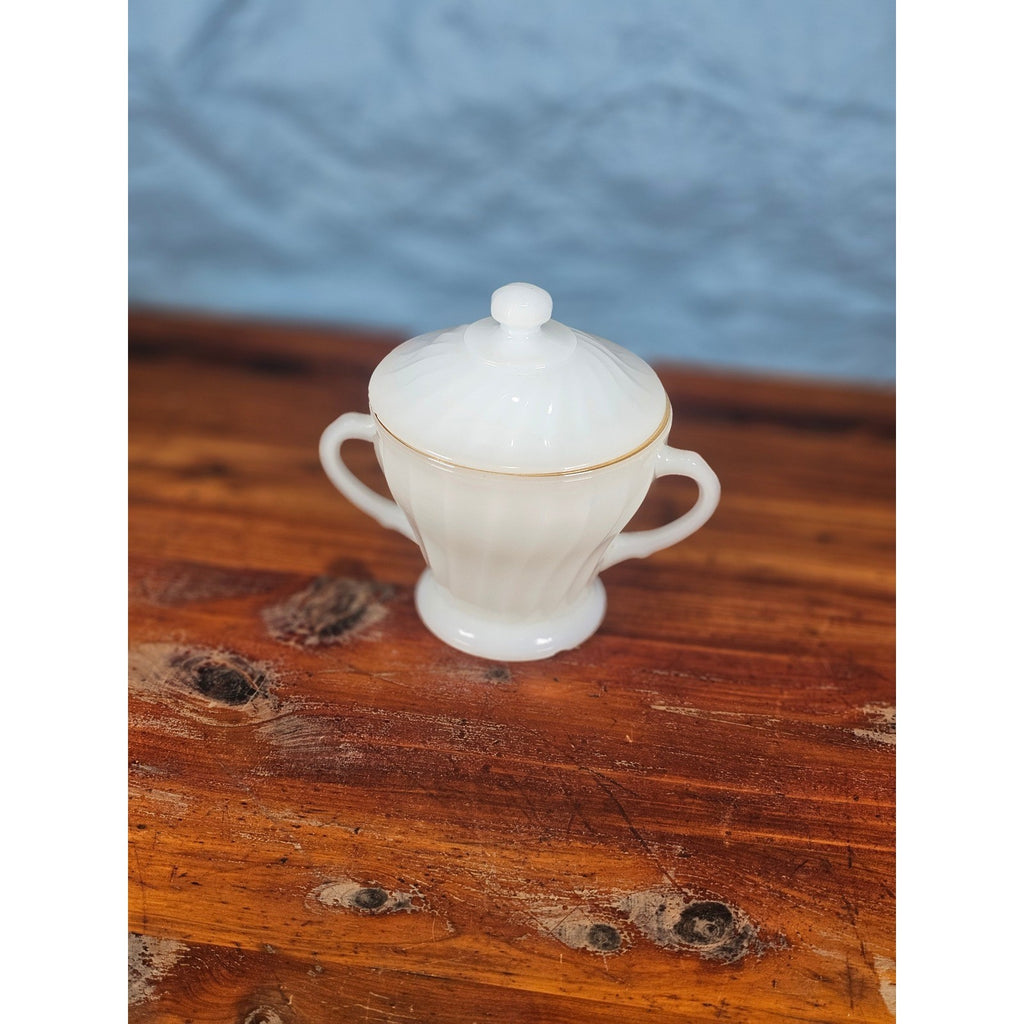 Vintage Milk Glass Sugar Bowl with Lid Gold Trim Fluted Handles