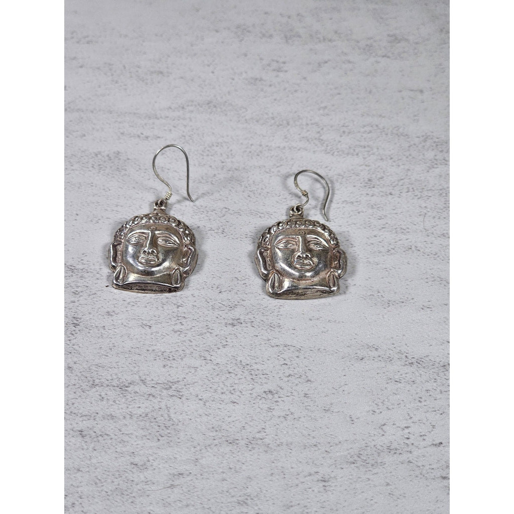 Vintage Sterling Buddha Head Dangle Earrings Spiritual Boho