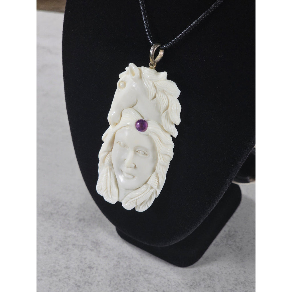 Vintage Carved Horse & Female Pendant Necklace Purple Stone