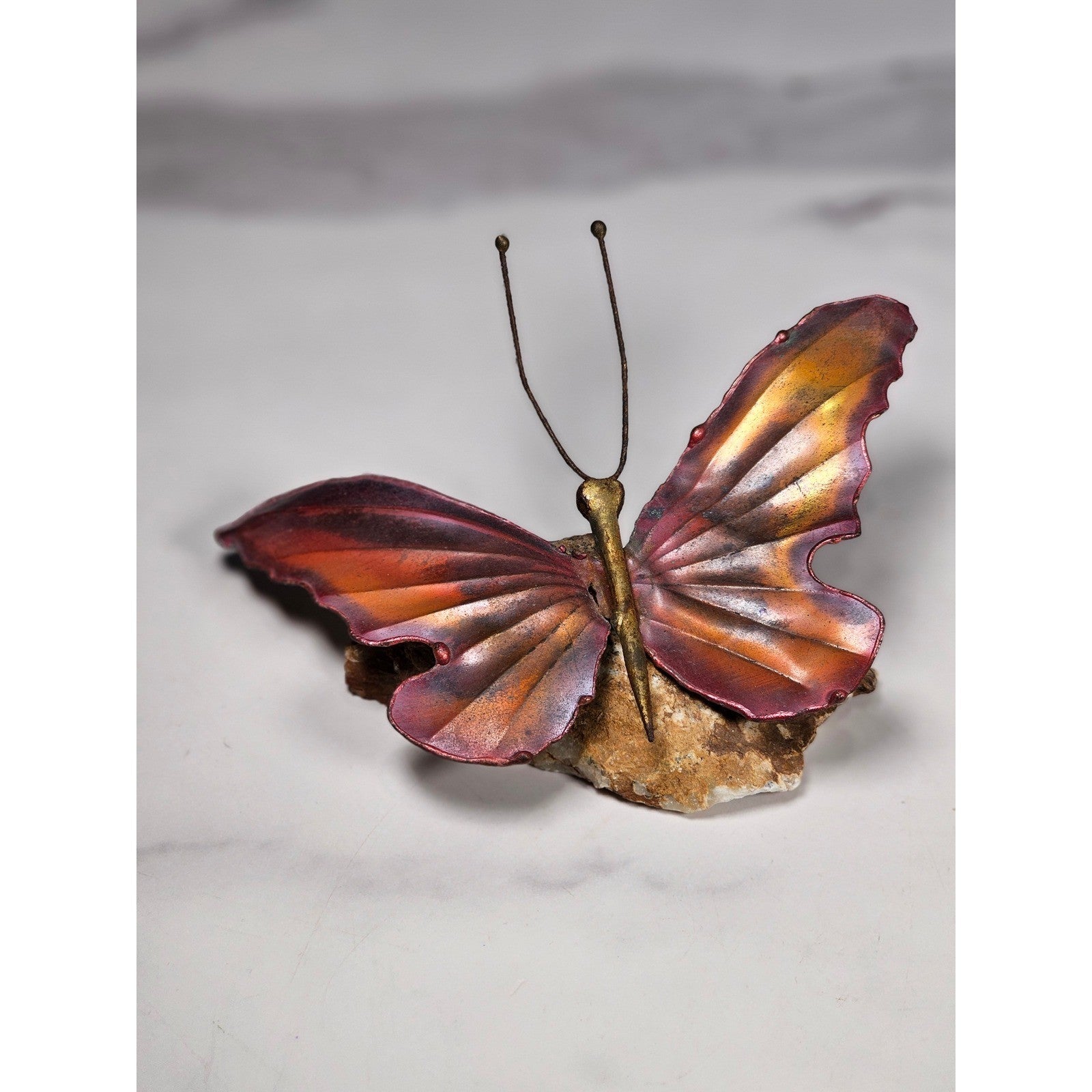 Vintage Metal Butterfly on Quartz Crystal Geode Sculpture Decor
