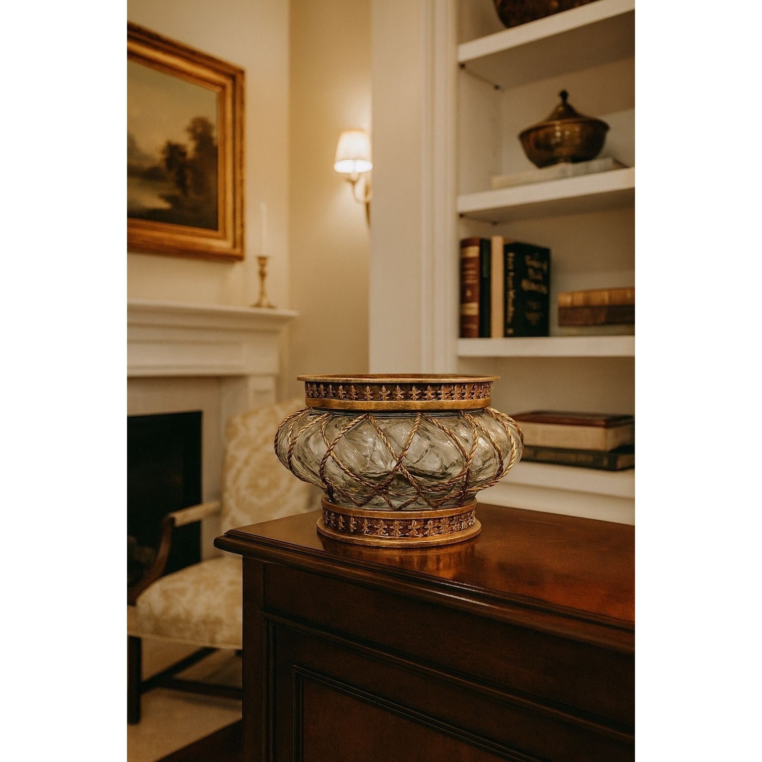 Vintage Large Blown Caged Art Glass Bowl Decorative Centerpiece