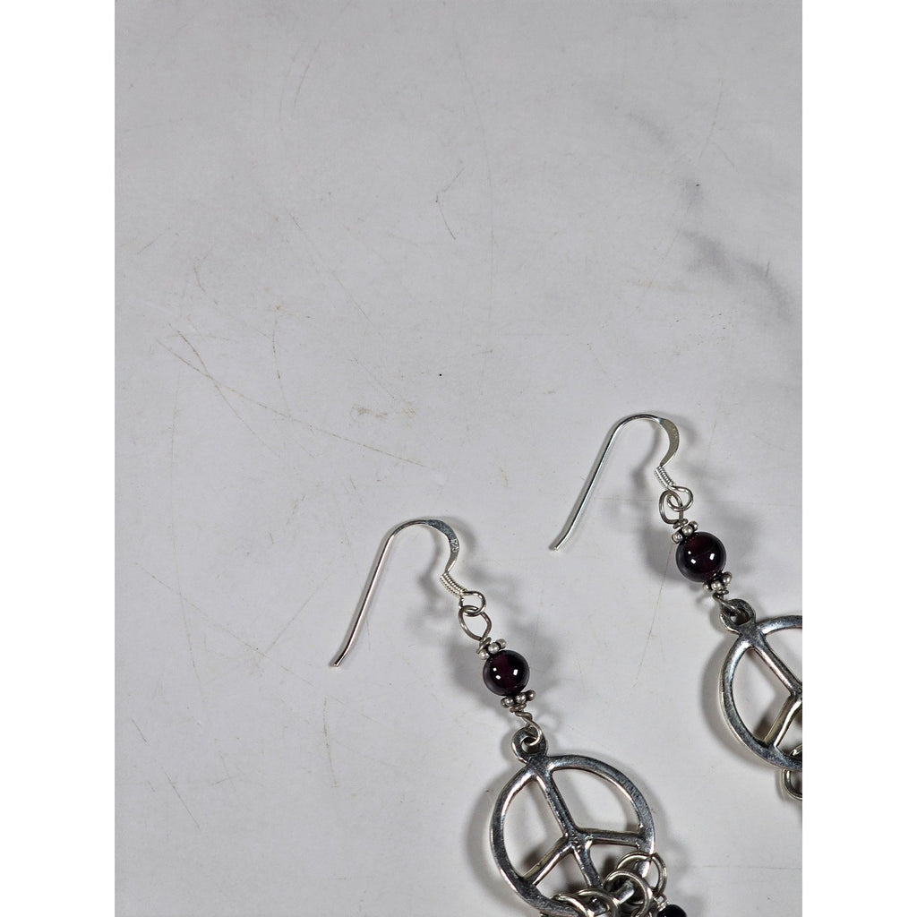 Vintage Peace Sign Dangle Earrings Garnet Bead Accent