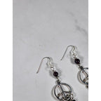 Vintage Peace Sign Dangle Earrings Garnet Bead Accent