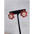 Vintage Red Floral Enamel Rhinestone Stud Earrings Gold Tone