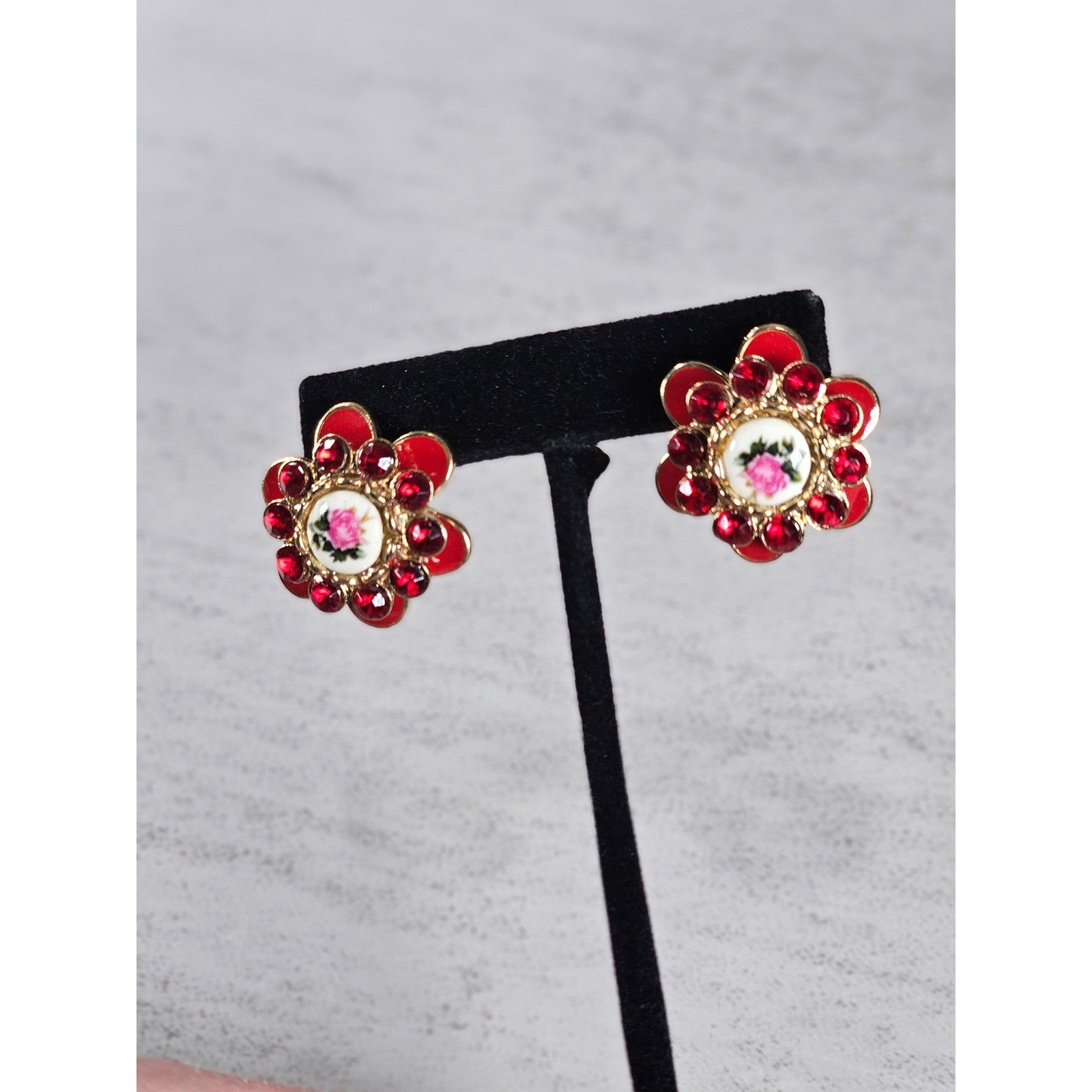Vintage Red Floral Enamel Rhinestone Stud Earrings Gold Tone