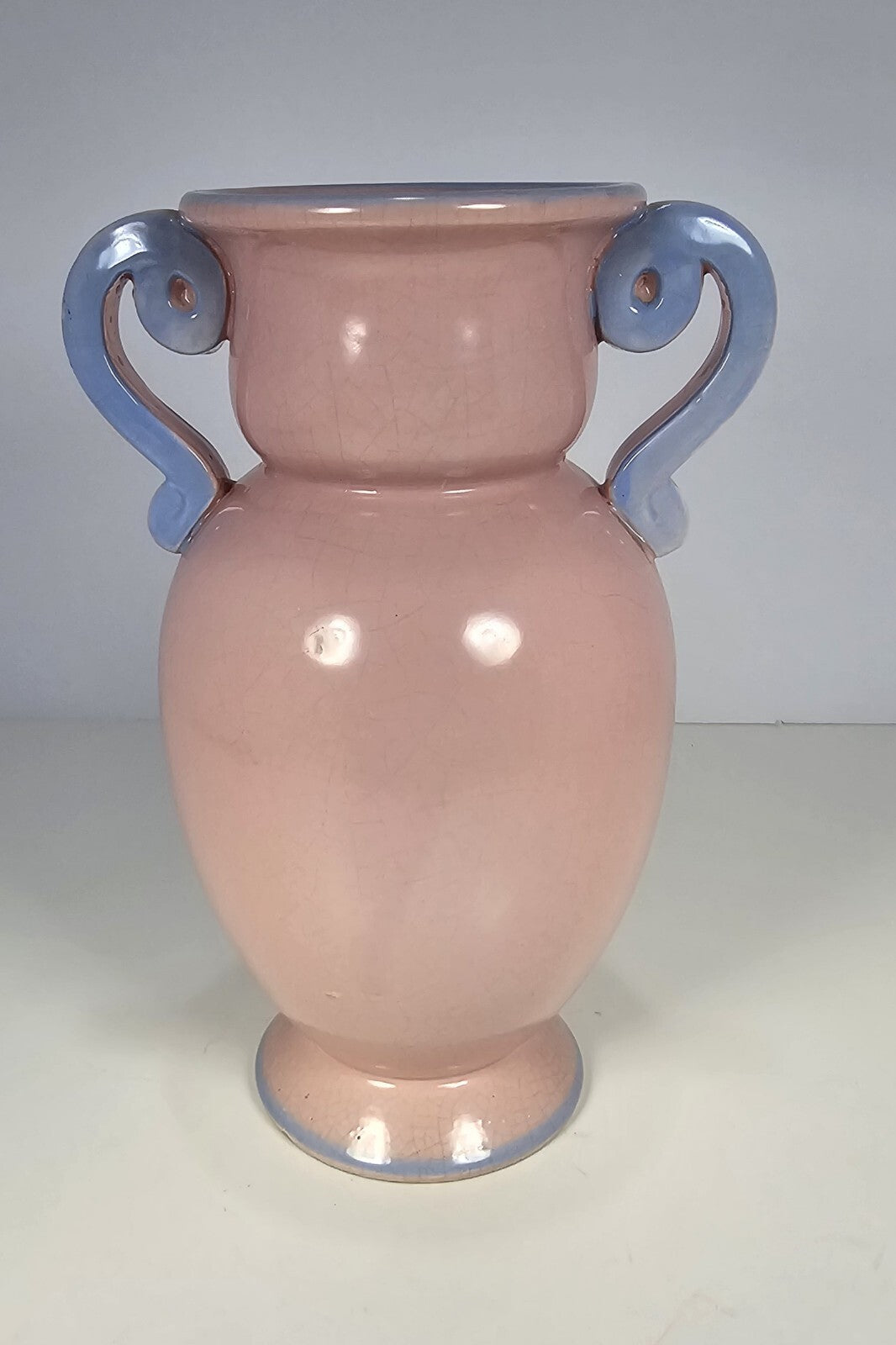 Vintage Hand-Painted Floral Ceramic Vase With Dual Blue Handles & Pink Crackle