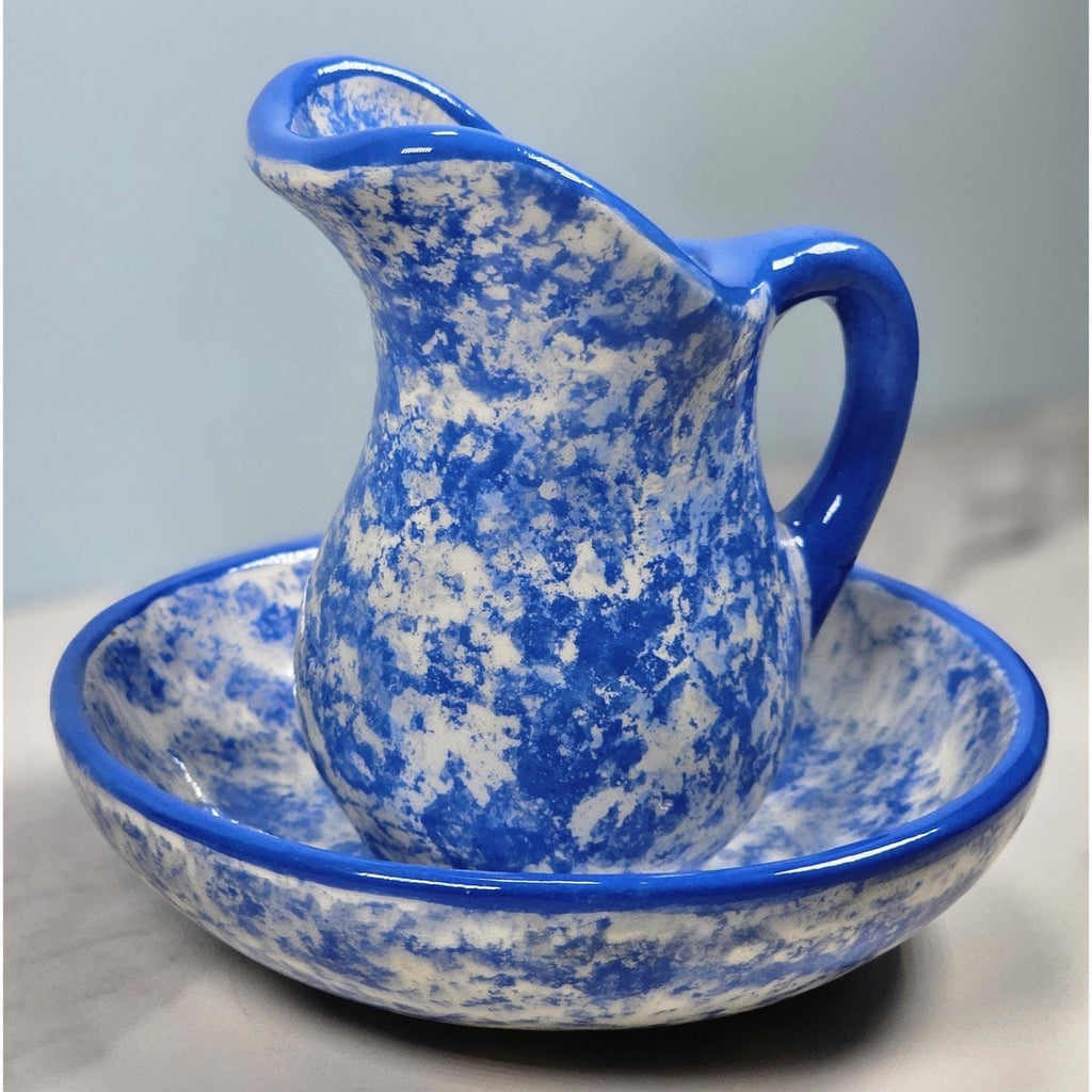 Vintage Blue & White Spongeware Pitcher and Bowl Set Rustic Pottery