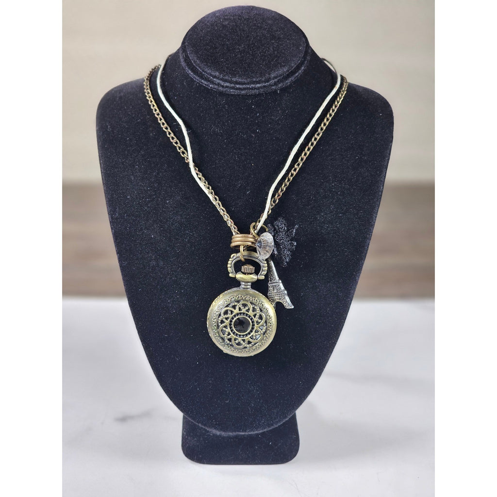 Vintage Pocket Watch Necklace Eiffel Tower Charm Long Chain