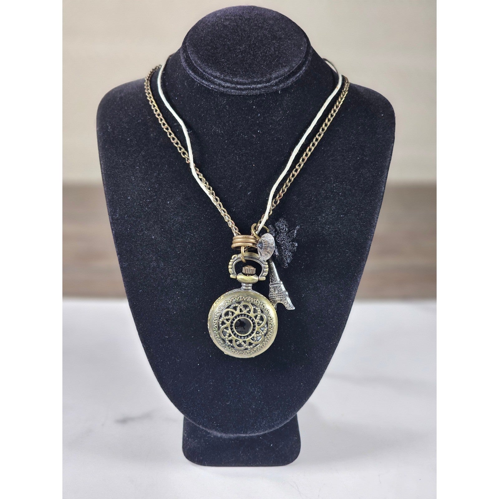 Vintage Pocket Watch Necklace Eiffel Tower Charm Long Chain