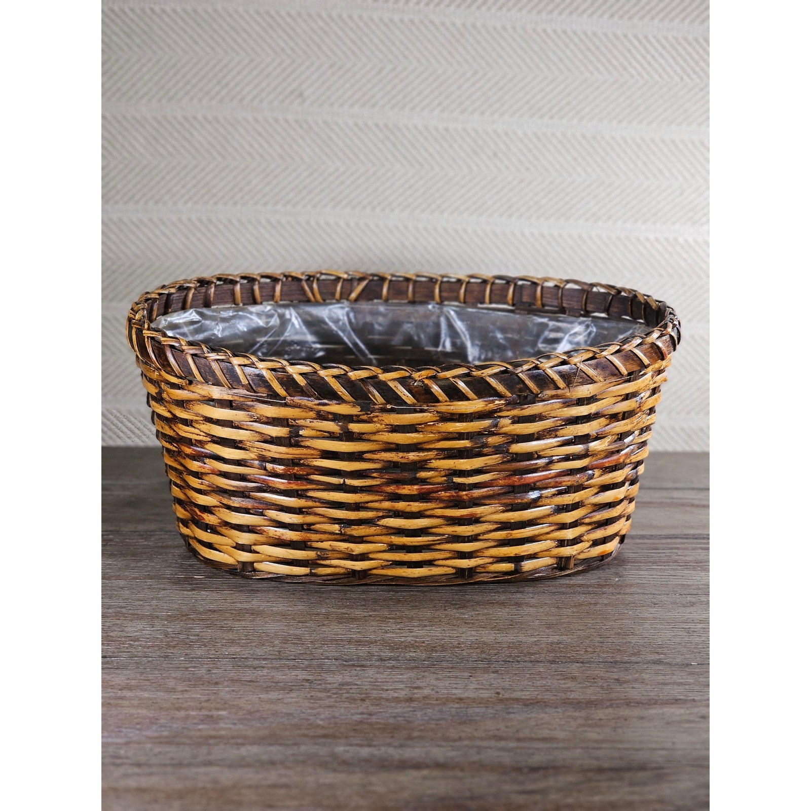 Vintage Woven Basket with Plastic Liner – Rustic Storage or Planter Basket
