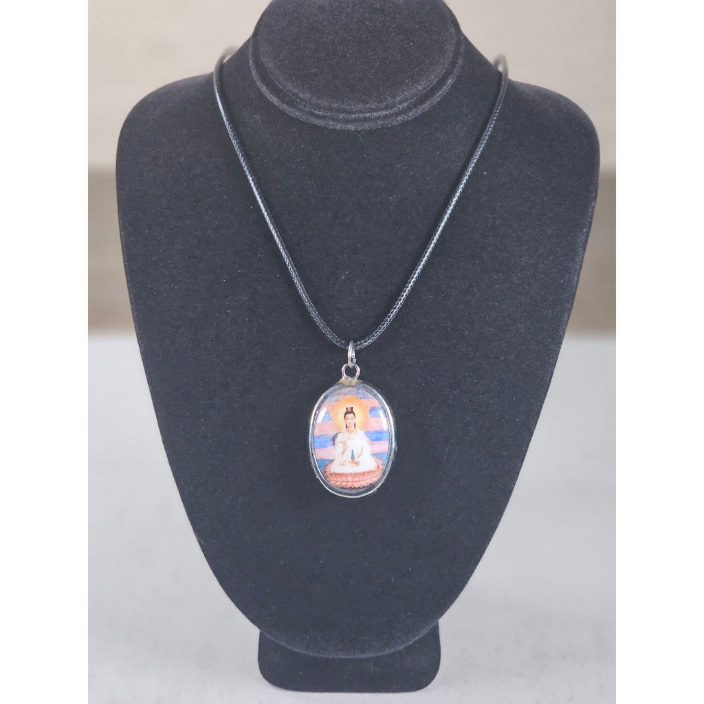 Vintage Buddhist Pendant Necklace Guanyin Lotus Oval Medallion