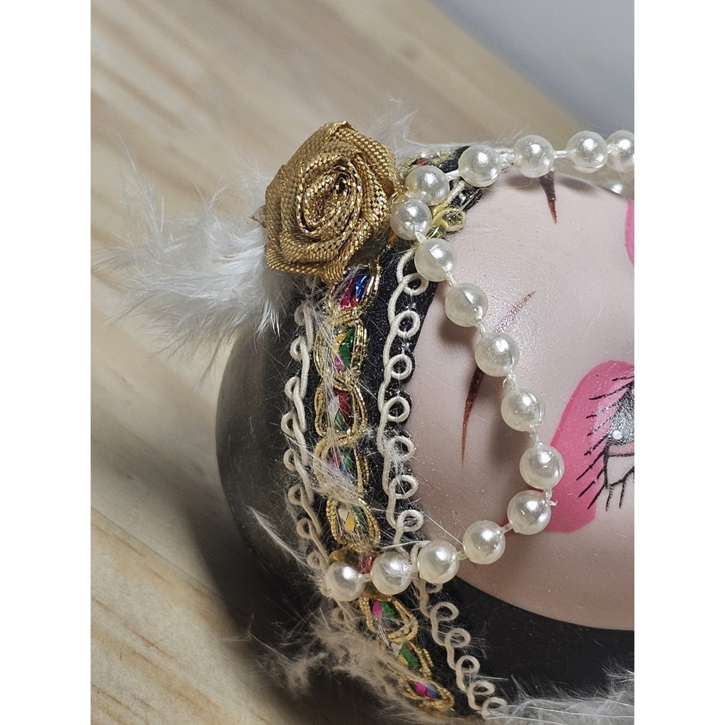Vintage 1920s Porcelain Doll Gold White Lace Feather Boa In Box