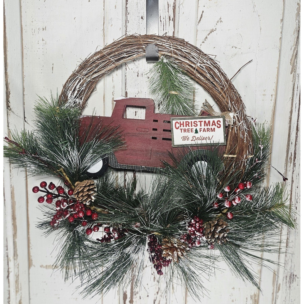Rustic Red Truck Christmas Wreath Pinecones Berries Farmhouse Holiday Decor