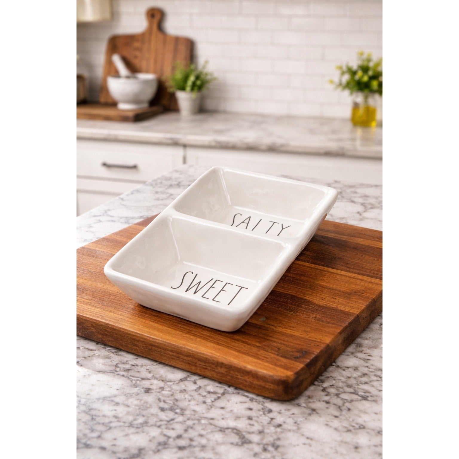 Rae Dunn SWEET SALTY Divided Serving Dish White Farmhouse Tray