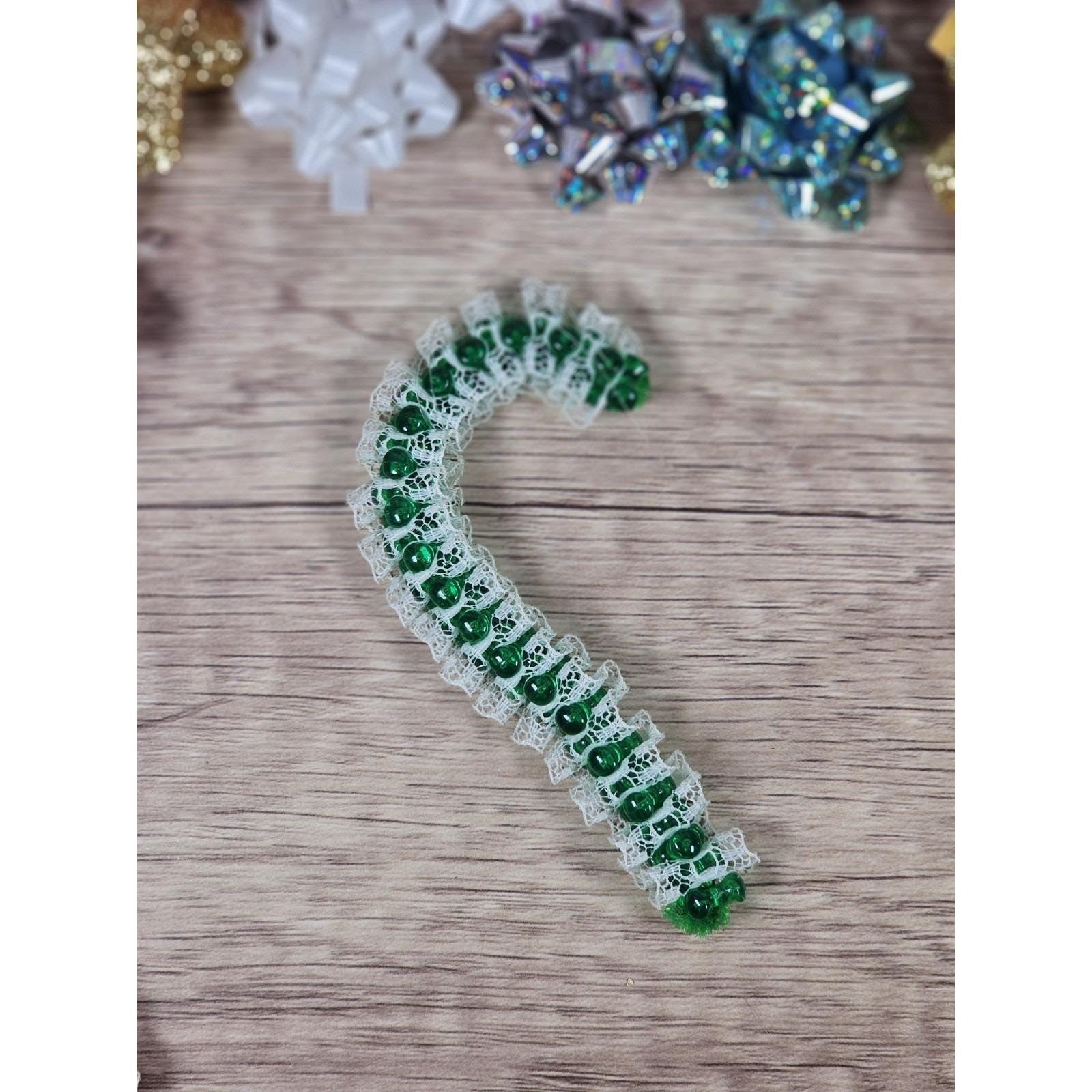 Vintage Lace Candy Cane Ornaments Set of 2 Red Green Beaded Decor