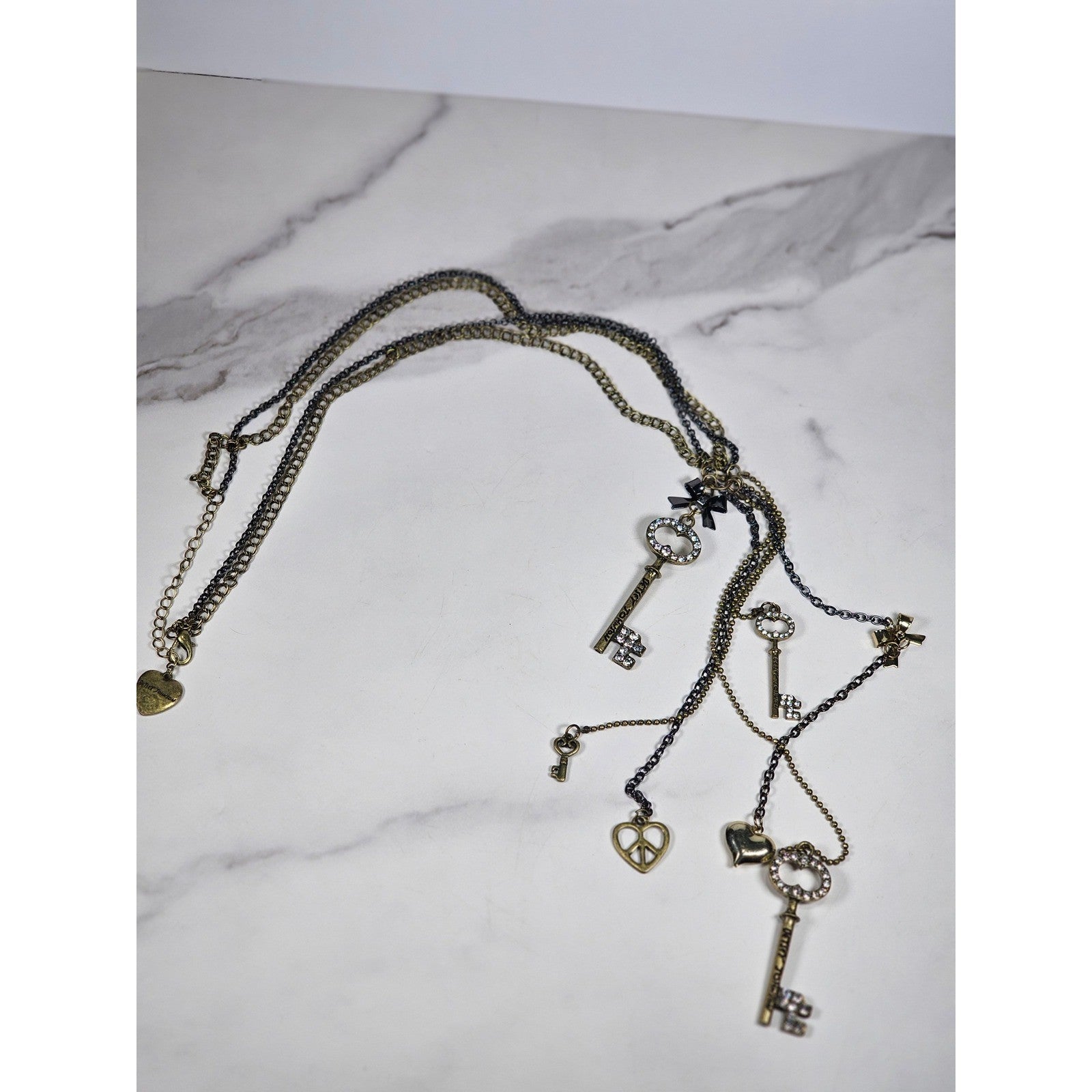 Betsey Johnson Vintage Charm Necklace Key Pendants Long Layered Statement