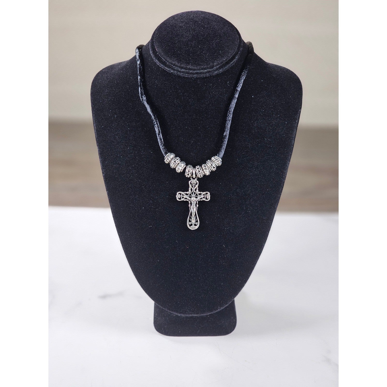 Vintage Silver Tone Cross Necklace Black Cord Beaded Accent