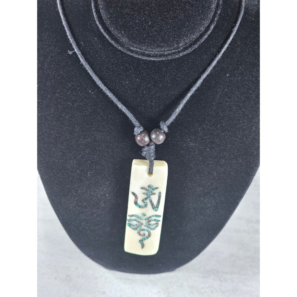 Vintage Carved Om Pendant Necklace Turquoise Inlay Rectangular