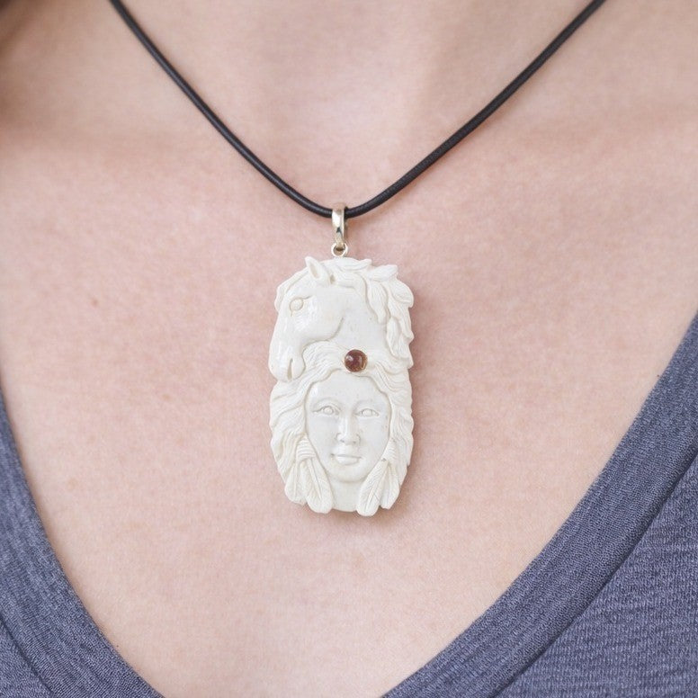 Vintage Hand Carved Natural Material Horse Female Portrait Pendant