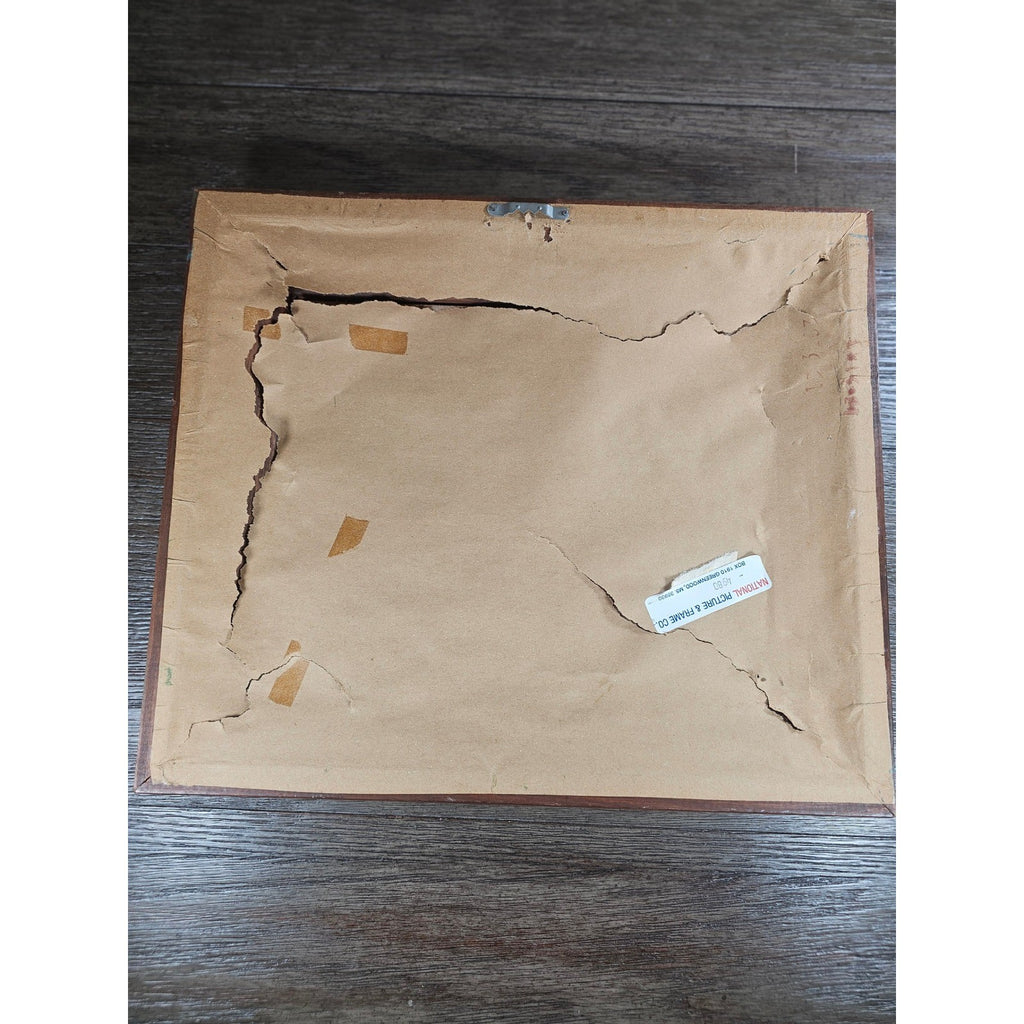 Vintage Framed Winter Landscape Print Signed, Rustic Wood Frame 14x13